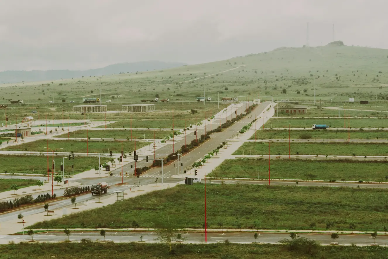 Aerial view of land development plots before buying land to build on