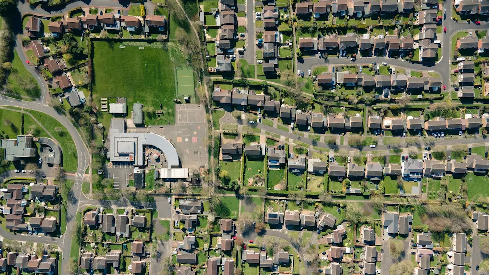 Aerial view of UK residential development land with planning permission